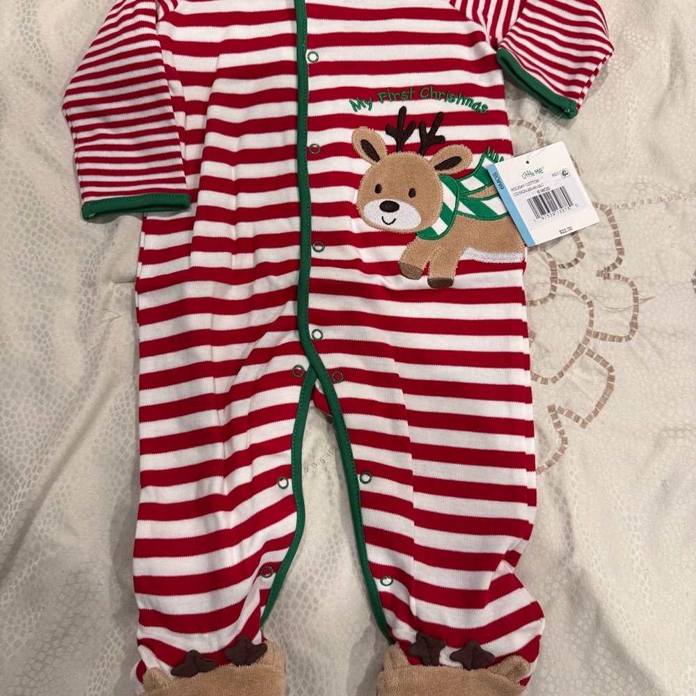 Little Me Red and White Striped Reindeer Footie